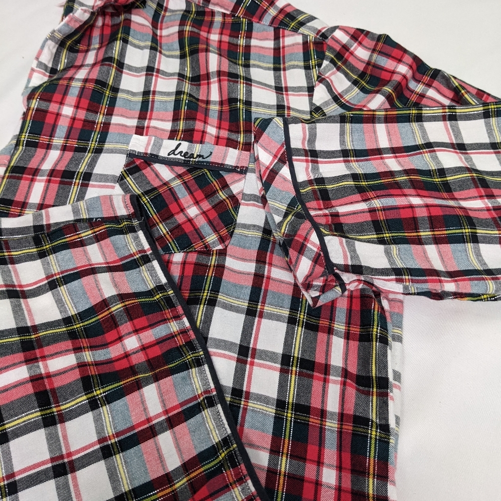 Victoria Secrets 2 piece Pajama plaid red white black yellow front tie on pants - Picture 12 of 12